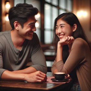 A romantic couple on their first date; both are smiling and engaging in a conversation at a cozy cafe. The scene is warm and inviting, capturing the excitement and nervousness of a new relationship.