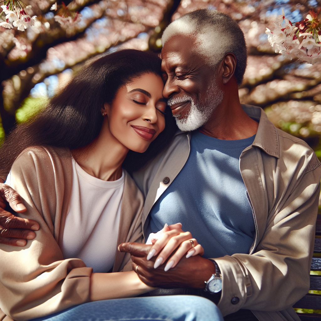 A romantic couple sitting on a park bench with a visible age difference, looking content and happy, surrounded by nature in springtime, capturing a serene and accepting atmosphere.