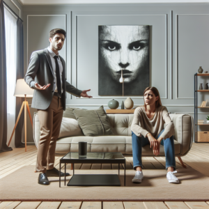 A psychologically manipulative situation, with a person speaking and another looking perplexed, symbolizing verbal manipulation and emotional control, set in a neutral, modern living room environment.