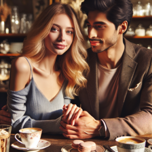 A romantic couple at a café holding hands, with delicate lighting and warm colors, reflecting the beginning of a new relationship. The setting exudes warmth and intimacy.