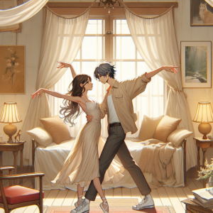 Two people intimately positioned in a bedroom setting, illustrating the 'mating press' pose, inspired by romantic anime style, focusing on warmth, closeness, and artistic elegance.