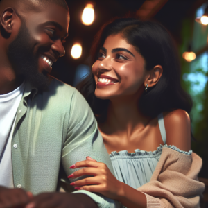 A couple sitting together, both smiling and looking at each other with affection, symbolizing a new romantic relationship. They are in a cozy and intimate setting, such as a cafe or a park, with soft lighting emphasizing their connection.