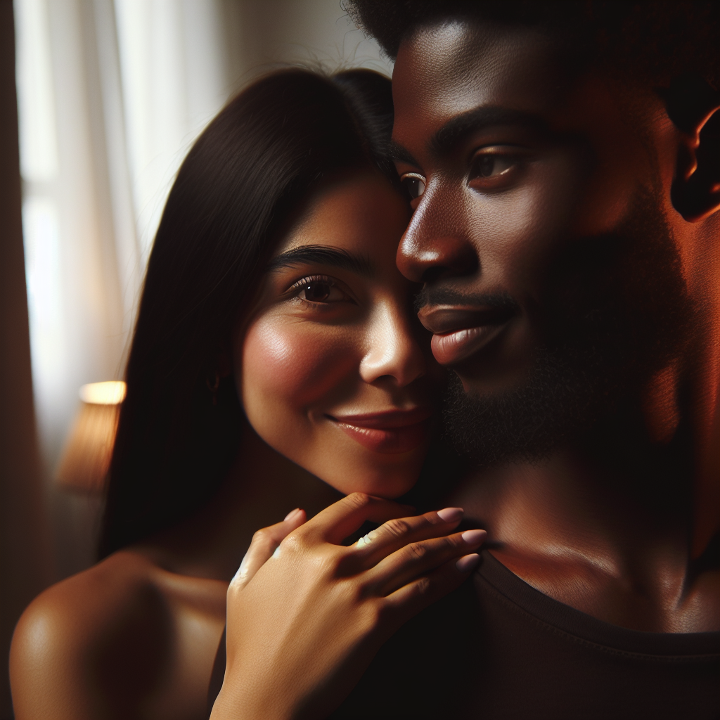 A romantic scene capturing subtle expressions of love and affection between a woman and her partner, soft lighting, intimate setting, focus on eyes and smiles.