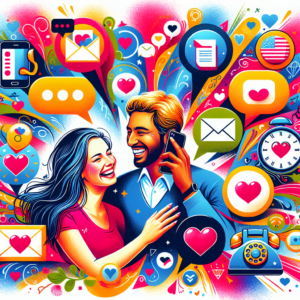 A couple joyfully interacting with a smartphone, surrounded by icons representing communication and love in a vibrant and colorful style.