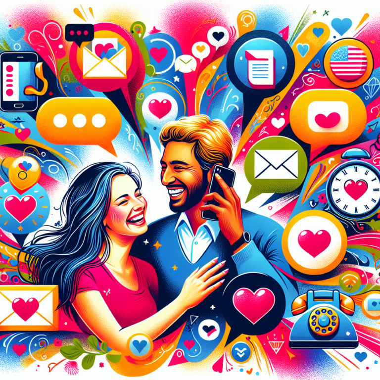 A couple joyfully interacting with a smartphone, surrounded by icons representing communication and love in a vibrant and colorful style.