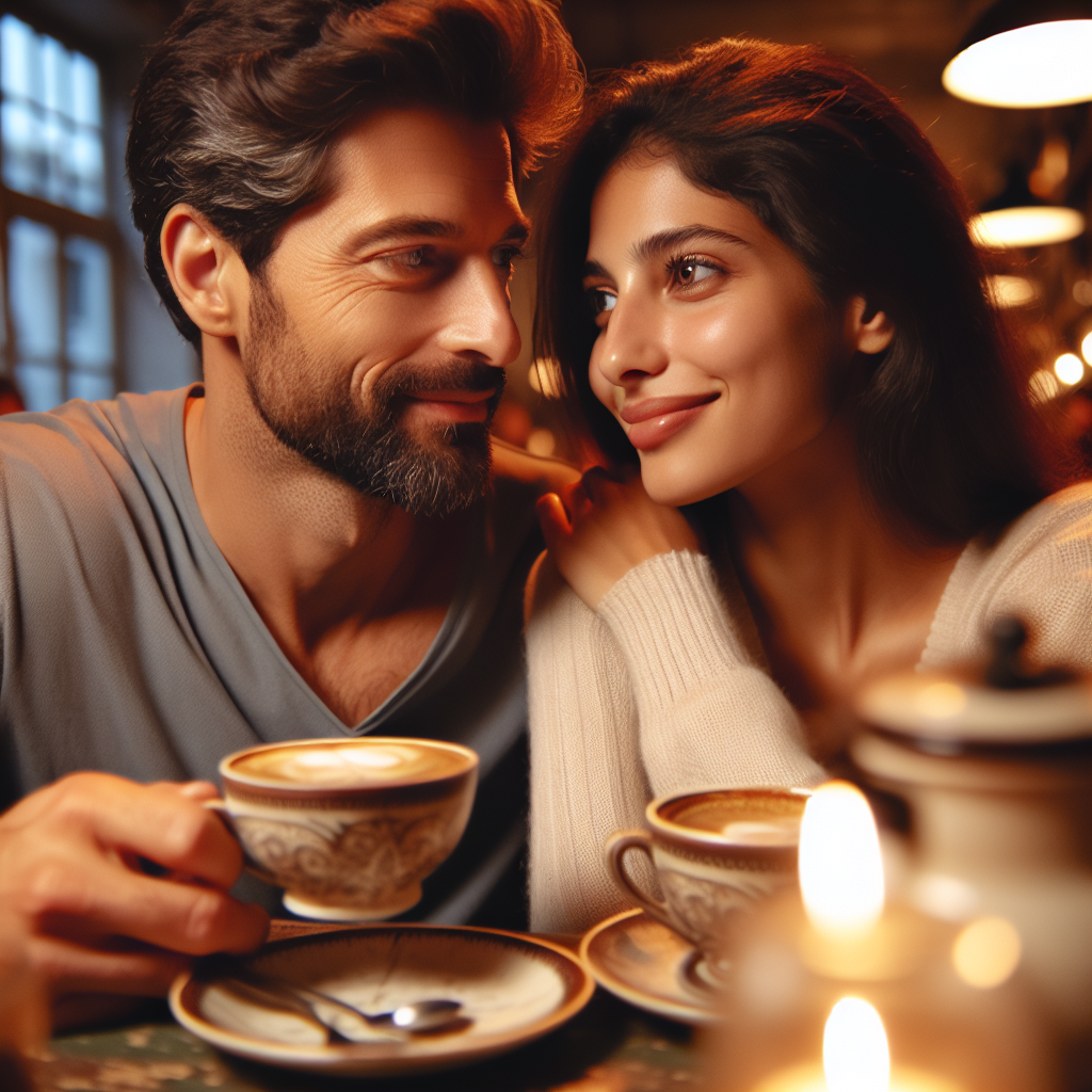 A couple sitting in a cozy cafe, gazing into each other's eyes with gentle smiles. The setting is intimate with a soft warm light, capturing the tenderness and excitement of a budding romance.