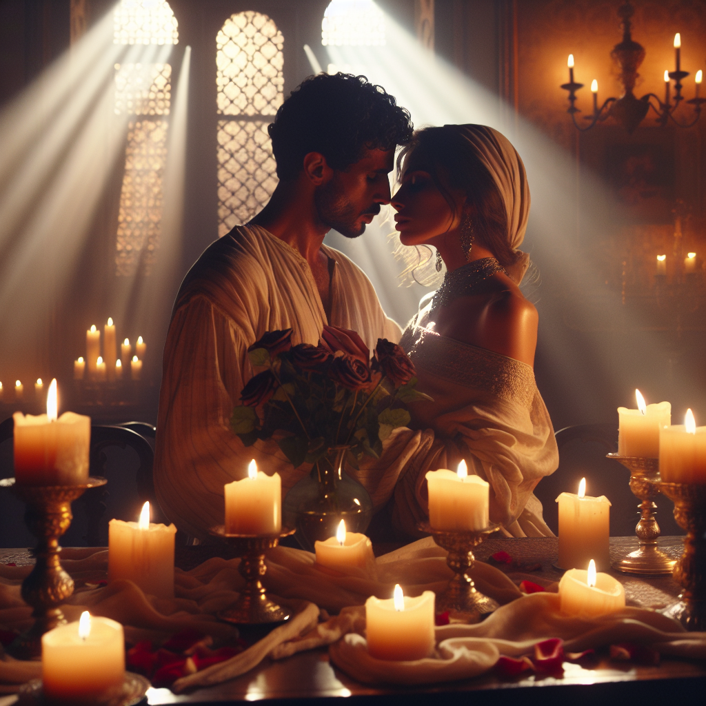 A romantic and sensual movie scene with a couple embracing passionately, set in a dimly lit room filled with roses and candles, capturing the essence of romantic fantasies in films.