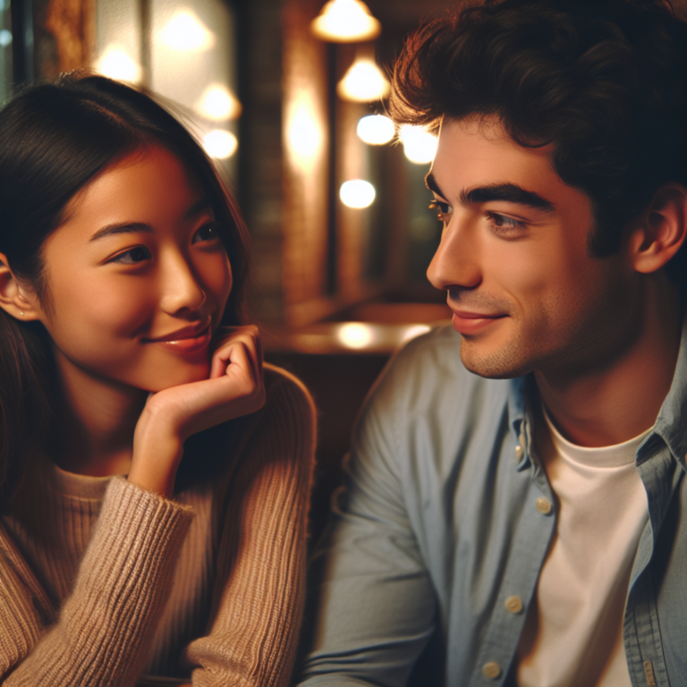 A young couple sitting at a cozy cafe, engrossed in conversation, surrounded by soft, ambient lighting. They both appear relaxed and happy, with gentle smiles, depicting the early stages of a romantic relationship.