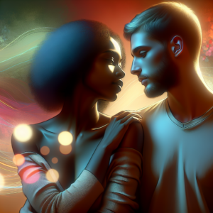 A sensual, artistic depiction of a couple exploring a new sexual position. The scene is softly lit, with an intimate and romantic ambiance, focusing on closeness and exploration, without explicit details.