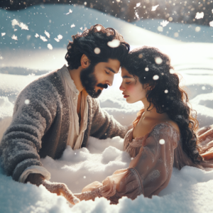 A couple in a romantic snowy landscape, engaged in a playful and intimate pose suggestive of the snow angel position, with a serene and sensual atmosphere. The setting should be soft and artistic, conveying both the uniqueness and the beauty of the moment.