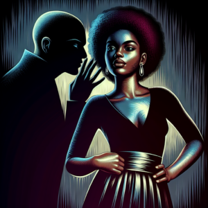 A powerful and eye-catching illustration showing a shadowy figure whispering manipulative phrases into the ear of a vibrant, self-confident woman who stands firm and unyielding, symbolizing empowerment and resistance against psychological manipulation.