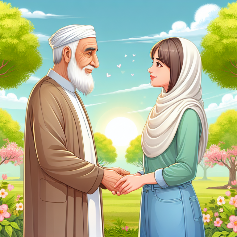 An illustration of a diverse couple, one older and one younger, holding hands and looking at each other lovingly in a serene park setting, surrounded by nature, symbolizing love beyond age differences.