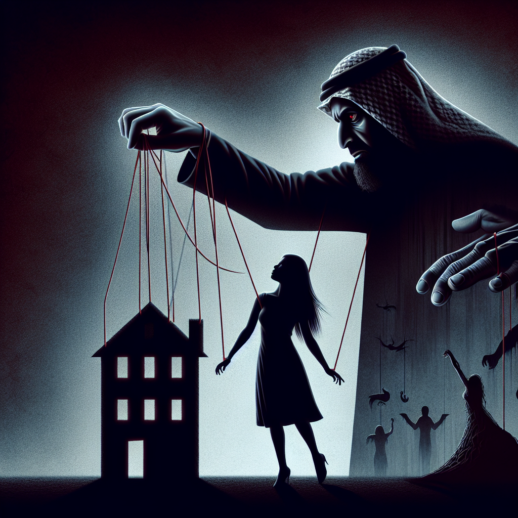 A conceptual illustration depicting a person in a shadow manipulating another person with strings, symbolizing manipulation in relationships. The background should be a dark, ominous setting to convey the feeling of psychological control.