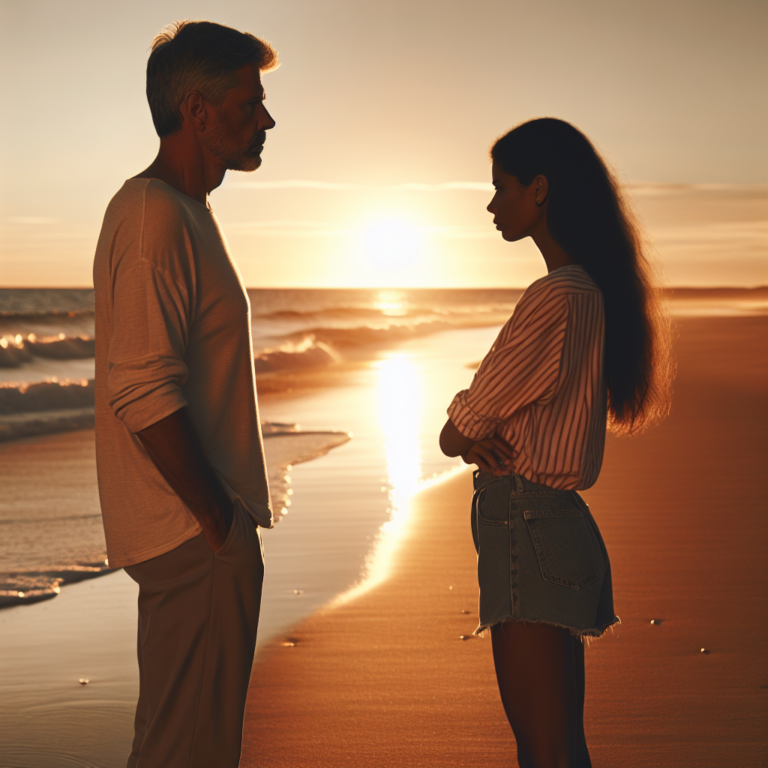 A couple facing away from each other on a sunset beach, conveying a sense of emotional distance and reflection on their relationship.