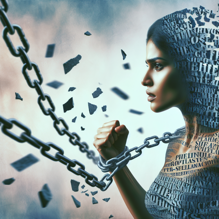 A symbolic image of a person breaking free from chains made of words, symbolizing liberation from psychological manipulation.