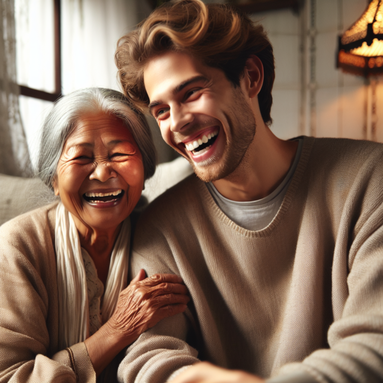 A diverse couple sitting together on a cozy couch, sharing laughter and warmth, symbolizing harmony despite age difference.