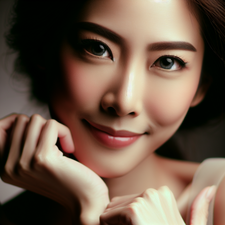 A subtle and romantic image of a woman gently smiling, with soft lighting that highlights her expressive eyes. Her body language is warm and inviting, conveying feelings of affection and interest, without revealing her identity.