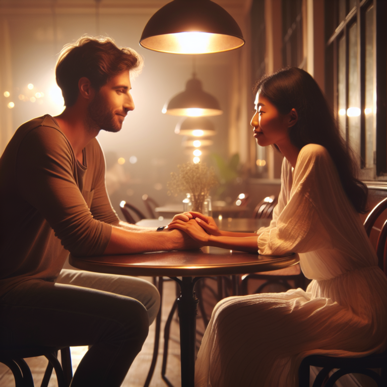 A calm and respectful scene depicting two people sitting across from each other at a café, one gently taking the other's hand as they engage in a heartfelt conversation. The atmosphere is serene, with soft lighting and warm tones, capturing a sense of mutual respect and understanding.