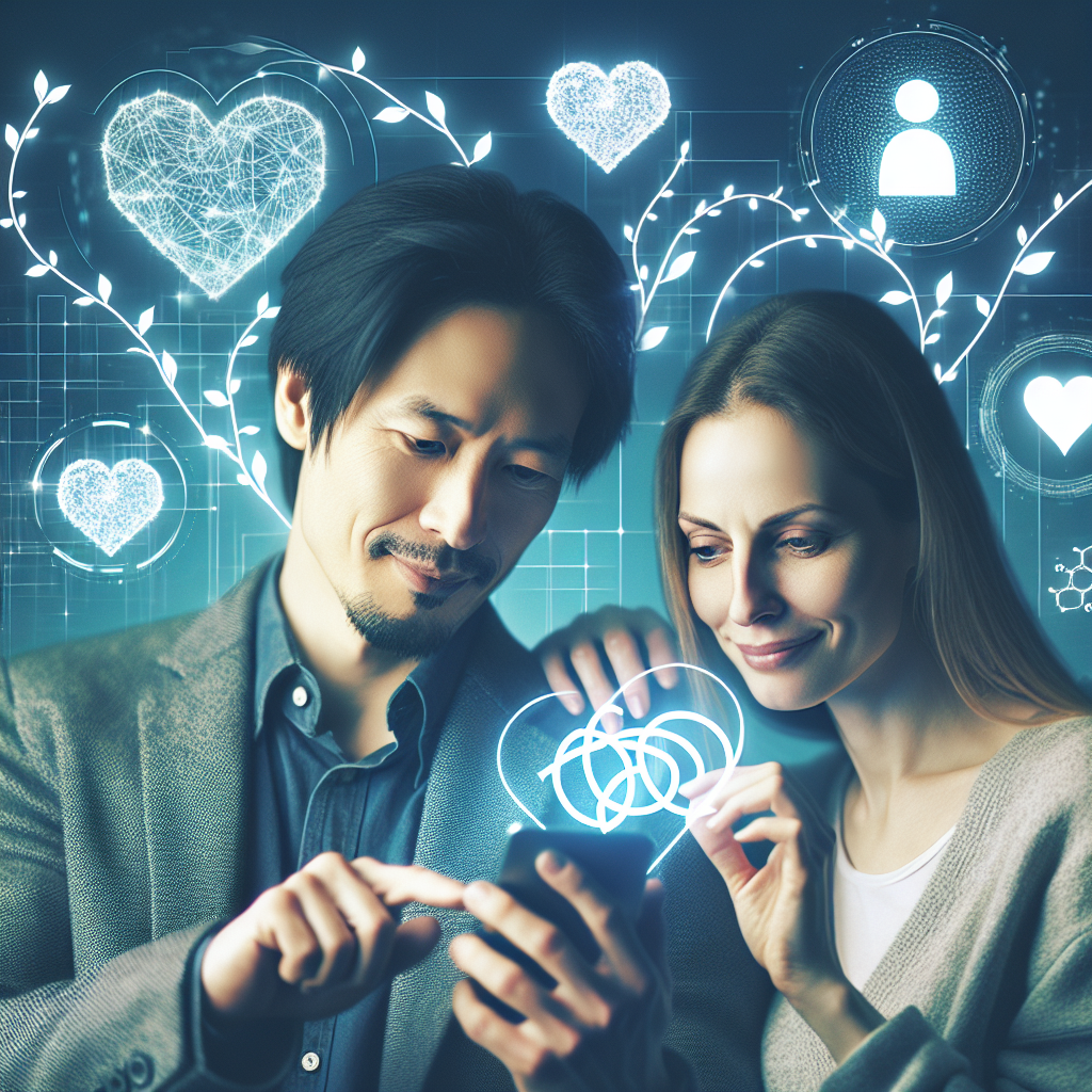 A harmonious couple using a phone together, surrounded by symbols of connection and relationship growth, with a modern, digital aesthetic highlighting the theme of love and technology.