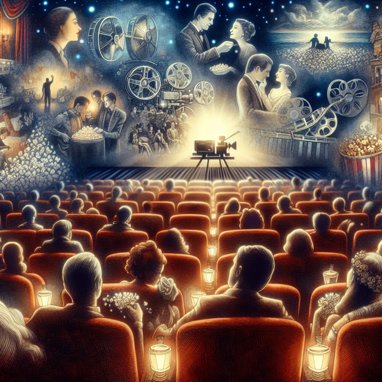 An artistic illustration of a cozy cinema setting showcasing various genres of film scenes that evoke romantic and sensual fantasies, with a focus on the ambiance and atmosphere of each unique scenario.