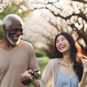 A couple with a significant age difference, walking hand in hand in a peaceful park setting. The younger one laughs while the older smiles, expressing happiness and tranquility. The image captures diversity, love, and acceptance against a background of blooming flowers and gentle sunlight.