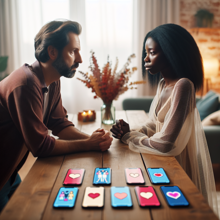 Un couple discutant sérieusement à la maison, avec des téléphones portables en arrière-plan pour symboliser les applications de rencontres.