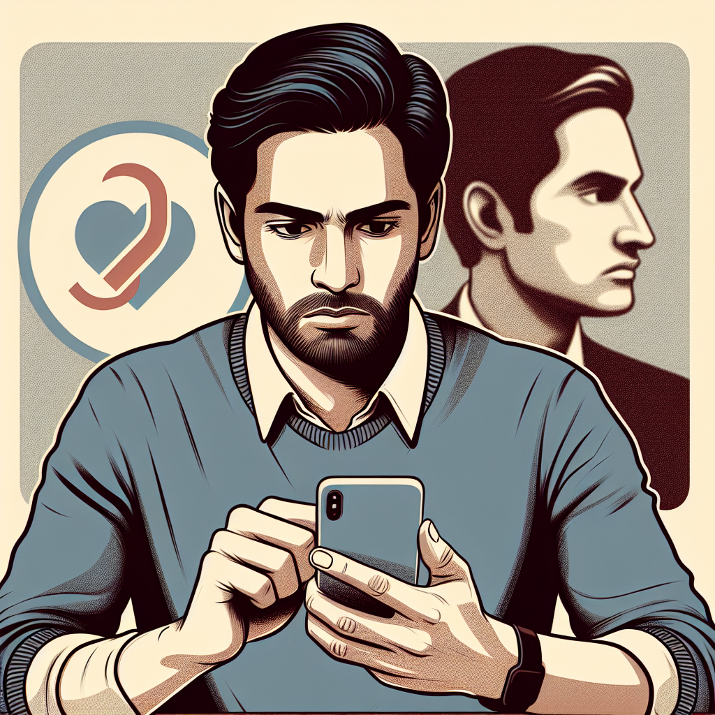 An illustration showing a person using a phone with a serious expression, a Tinder logo subtly in the background, symbolizing suspicion in a relationship. The setting is modern, with a neutral color palette to convey seriousness.