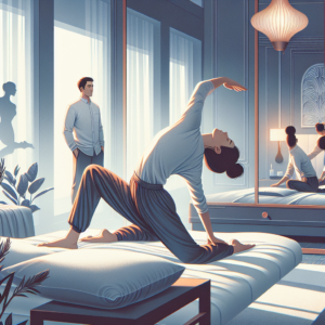 A couple in a bedroom trying a new intimate position known as the "standing dragon". One partner is on all fours on the edge of a bed while the other stands behind them, illustrating curiosity and experimentation. The scene captures intimacy and connection with soft lighting and a modern bedroom setting.