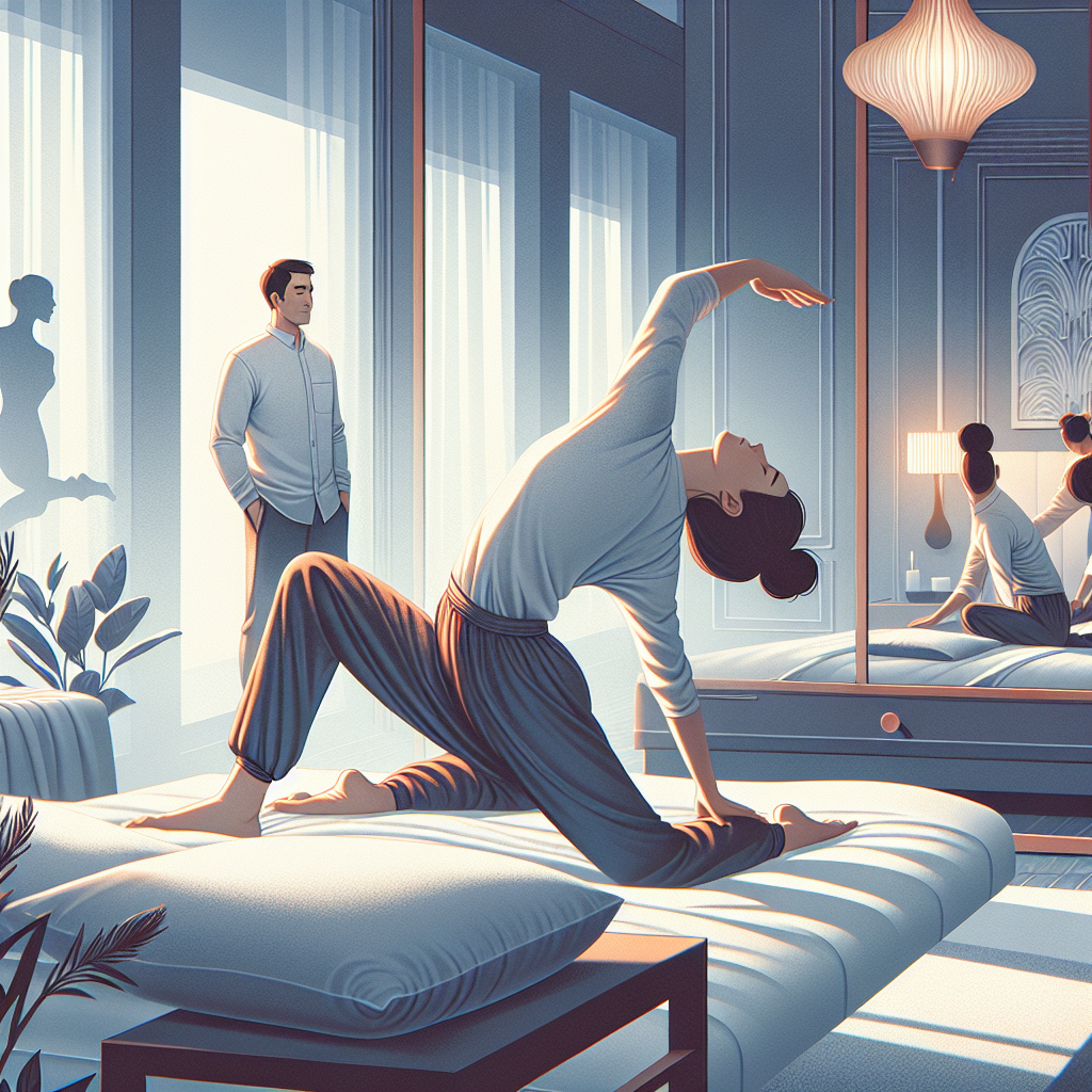 A couple in a bedroom trying a new intimate position known as the "standing dragon". One partner is on all fours on the edge of a bed while the other stands behind them, illustrating curiosity and experimentation. The scene captures intimacy and connection with soft lighting and a modern bedroom setting.