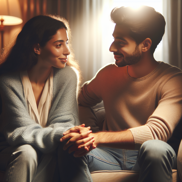 A romantic couple sitting on a cozy sofa, holding hands and talking, with a warm and intimate atmosphere. The room is softly lit, suggesting trust and open communication between the partners. Soft focus on their smiling faces, showing happiness and understanding.