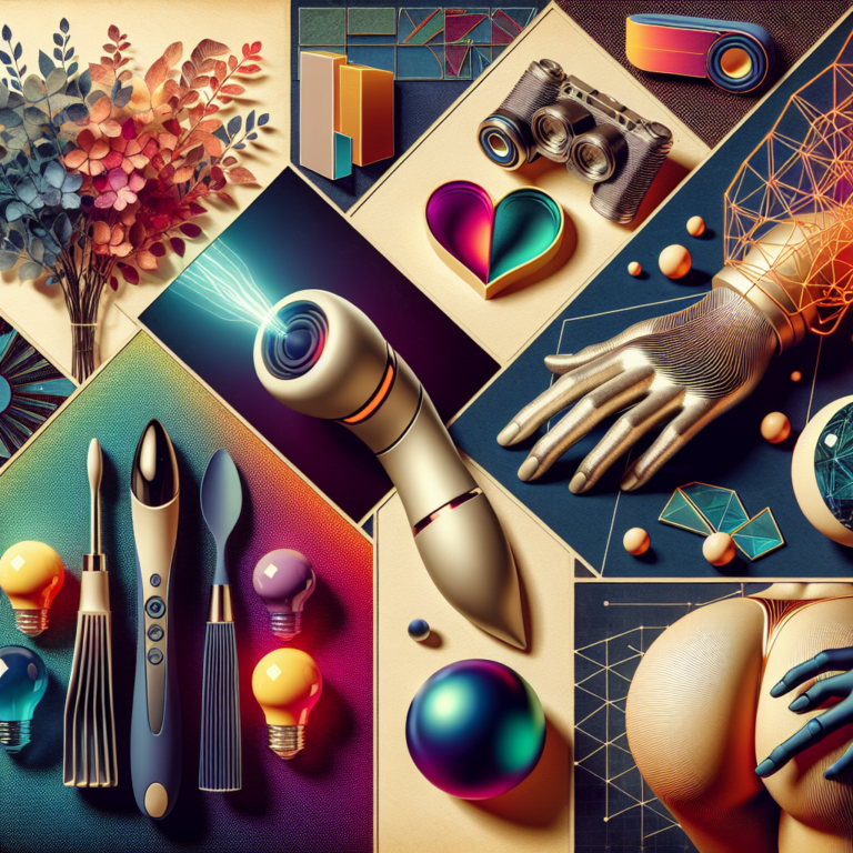 An artistic and modern collage showcasing a variety of innovative sex toys, including high-tech designs, eco-friendly materials, luxurious aesthetics, and futuristic elements, all in a vibrant and appealing style.