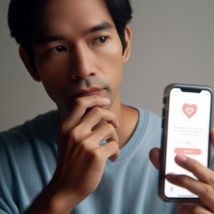 A thoughtful person holding a smartphone, with an app interface resembling Tinder on the screen. The person's face is partially visible to show a mixture of curiosity and concern.