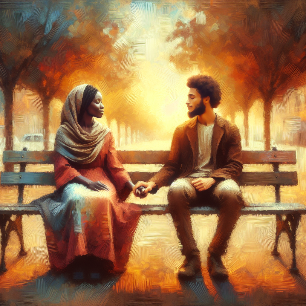 A harmonious couple sitting on a park bench, holding hands, with a serene expression, symbolizing understanding and mutual respect. Soft, warm colors with an impressionist style to convey emotion and connection.