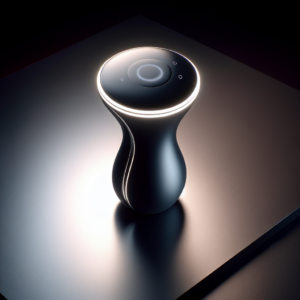 A futuristic and sleek design of a modern sex toy sitting elegantly on a minimalist surface, highlighting its innovative features and glowing softly against a dark background.