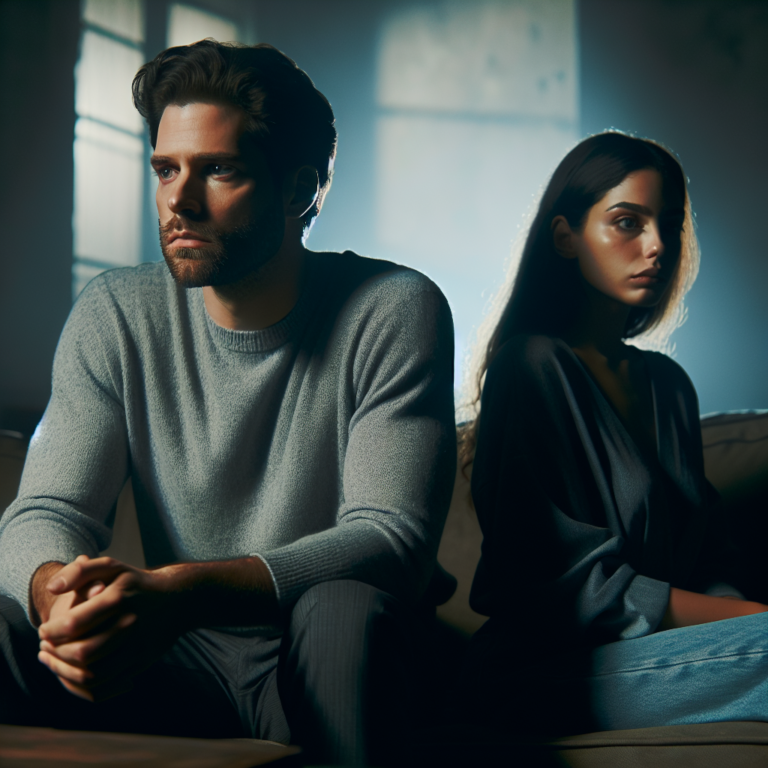 A couple sitting at opposite ends of a couch, looking away from each other with a somber expression, in a dimly lit room conveying a sense of distance and absence of connection, emphasizing emotional detachment.