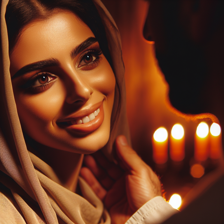 A romantic scene featuring a woman with bright, expressive eyes and a genuine smile, surrounded by warm, inviting colors to convey affection and connection.