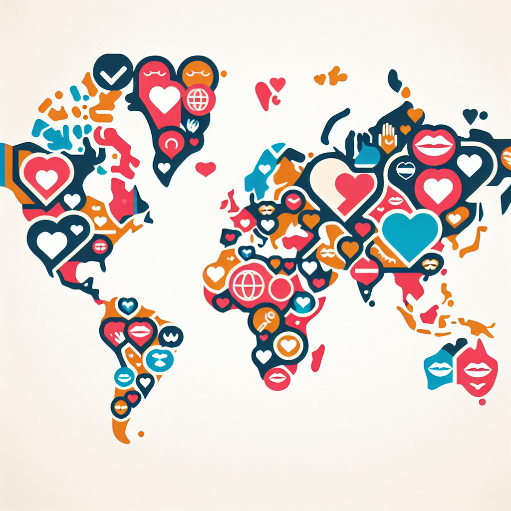 A map of the world with various countries highlighted, symbolizing different nationalities. Each country's highlight should have symbols or icons representing love and intimacy, illustrating a playful international competition theme in sexuality.