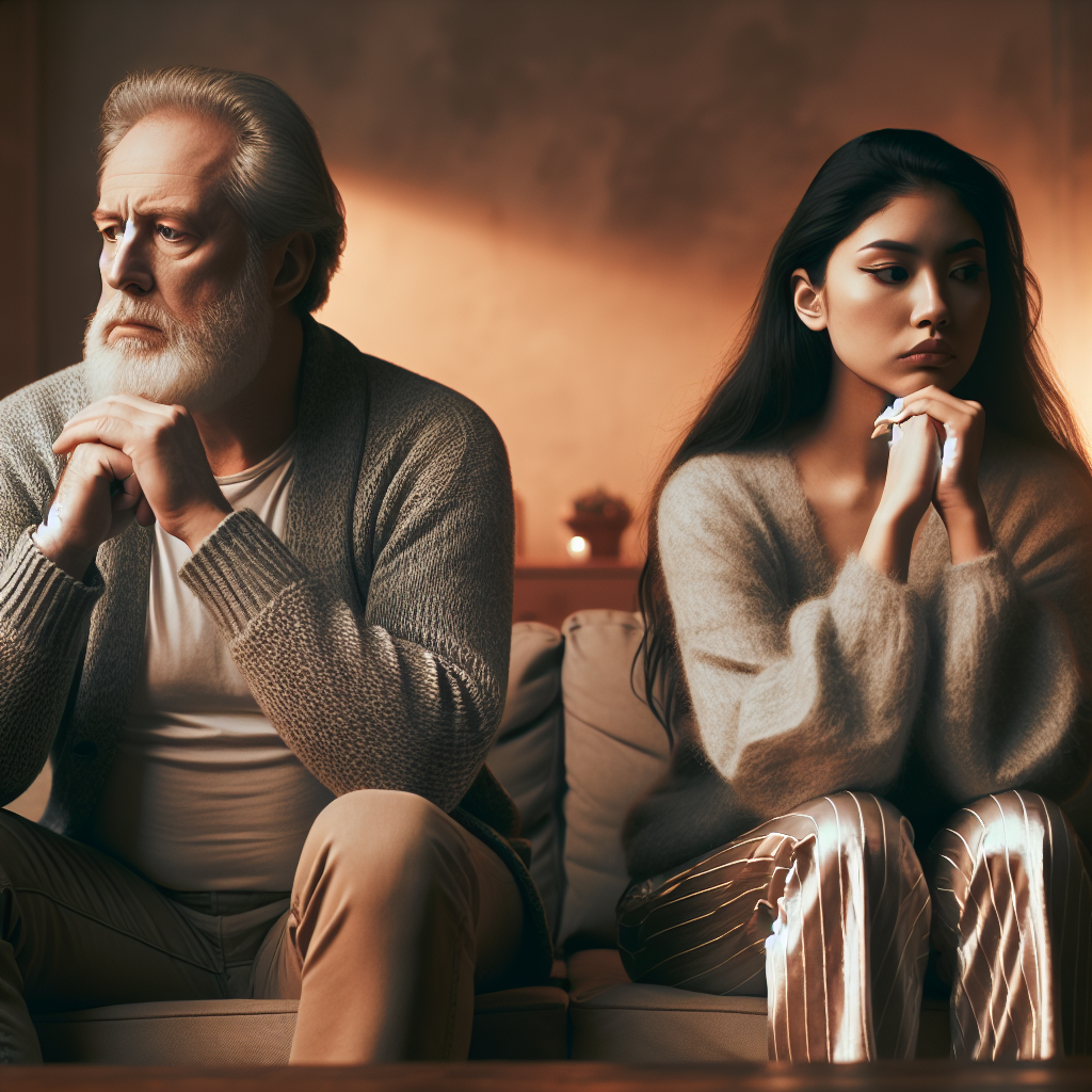 A thoughtful couple, sitting apart in a cozy living room, showing signs of emotional distance and contemplation, with soft, warm lighting.