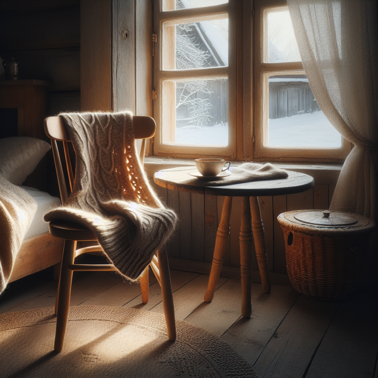 A peaceful, cozy scene with a partially knitted sweater lying on a vintage wooden chair beside a small round table with a teacup, set in a warmly lit room with a slightly open window showing a winter landscape outside.