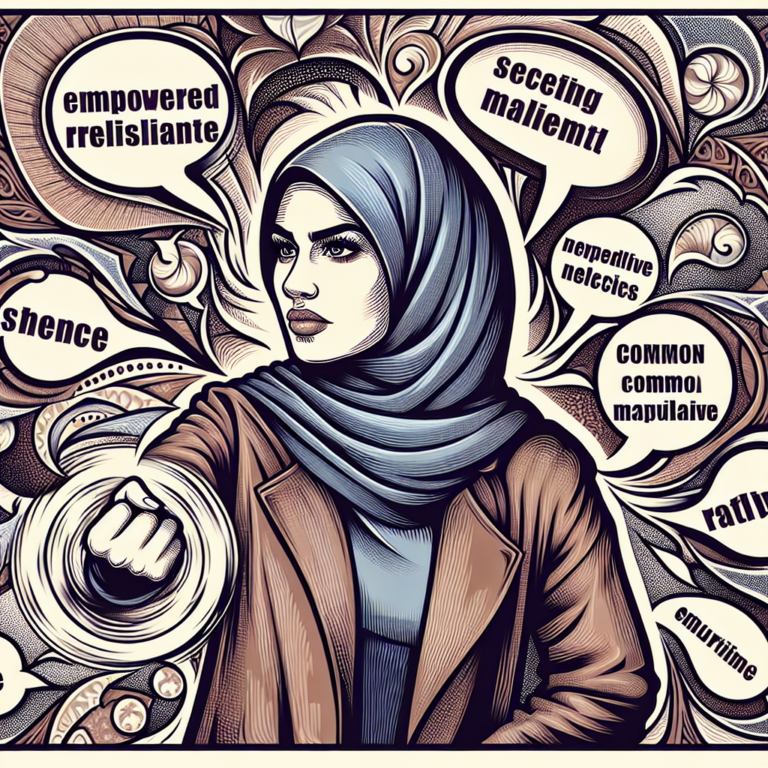 Illustration showing a person confidently deflecting negative comments, surrounded by speech bubbles with common manipulative phrases, emphasizing empowerment and resilience.