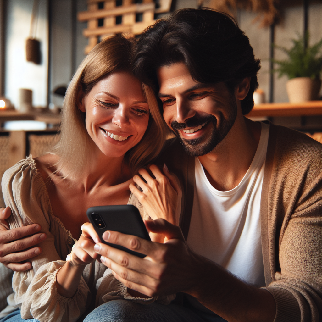 A romantic couple using a smartphone together, smiling and interacting, with a warm and cozy home setting in the background, soft natural lighting.