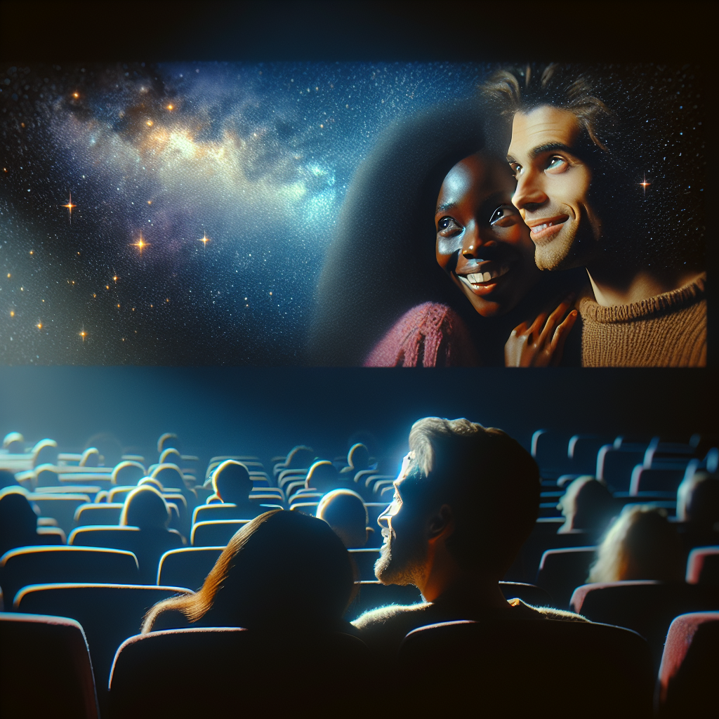 An intimate cinema setting with a large screen displaying a film scene, evoking emotions and fantasies, with a couple whispering and smiling in the audience.