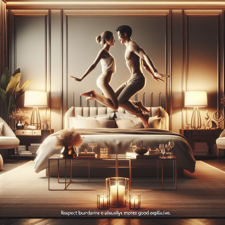 A sensual and intimate bedroom scene depicting a couple trying the leapfrog position. The setting is warm and inviting, with soft lighting and stylish decor.