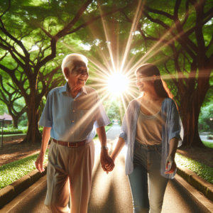 A diverse couple of different ages happily walking hand in hand in a sunny park, symbolizing love and unity despite age differences.