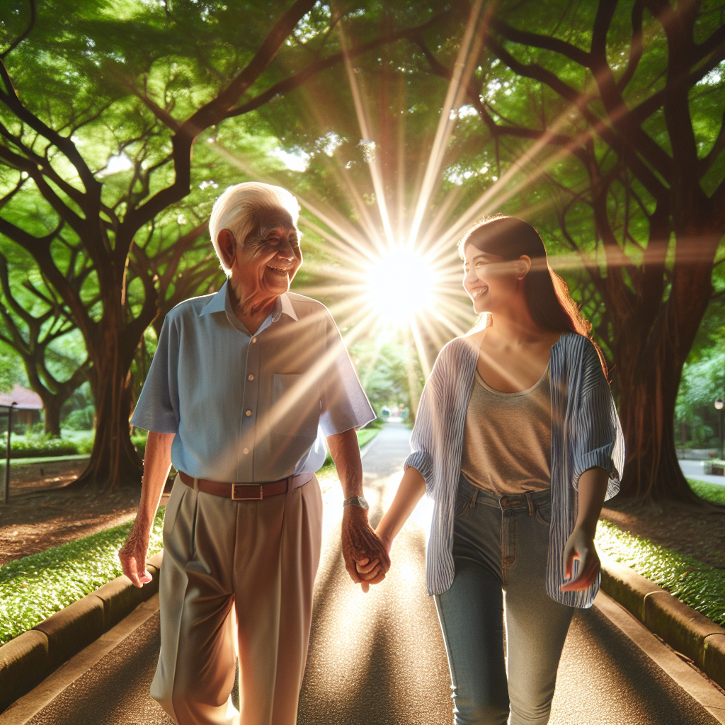 A diverse couple of different ages happily walking hand in hand in a sunny park, symbolizing love and unity despite age differences.