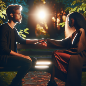 A serene and respectful breakup scene between a couple sitting on a park bench, with soft lighting and gentle expressions, symbolizing understanding and emotional closure.