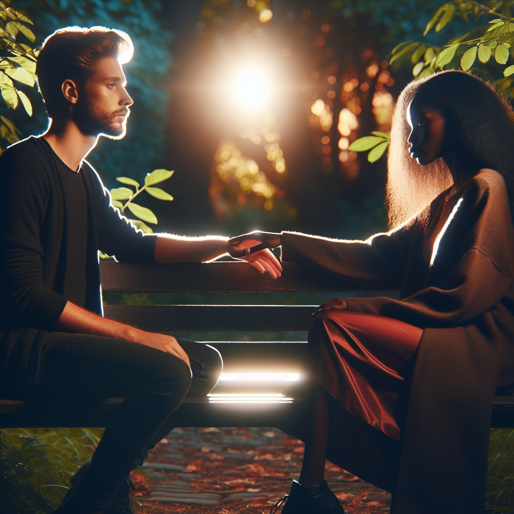 A serene and respectful breakup scene between a couple sitting on a park bench, with soft lighting and gentle expressions, symbolizing understanding and emotional closure.