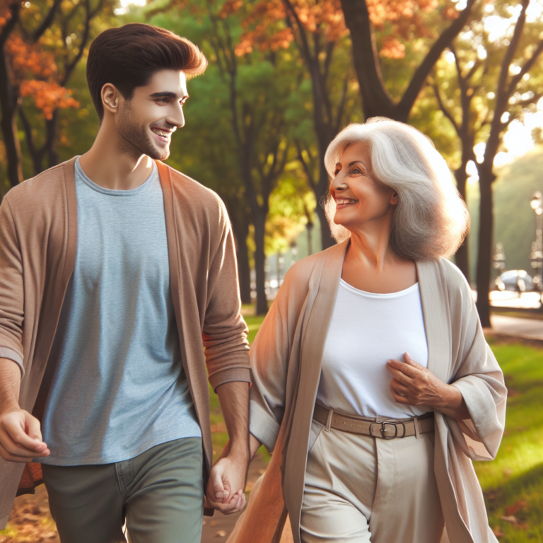 A couple walking hand in hand through a picturesque park; one partner clearly in their 20s and the other in their 50s, surrounded by colorful autumn leaves. The mood is joyous and serene, capturing the essence of love across generations.