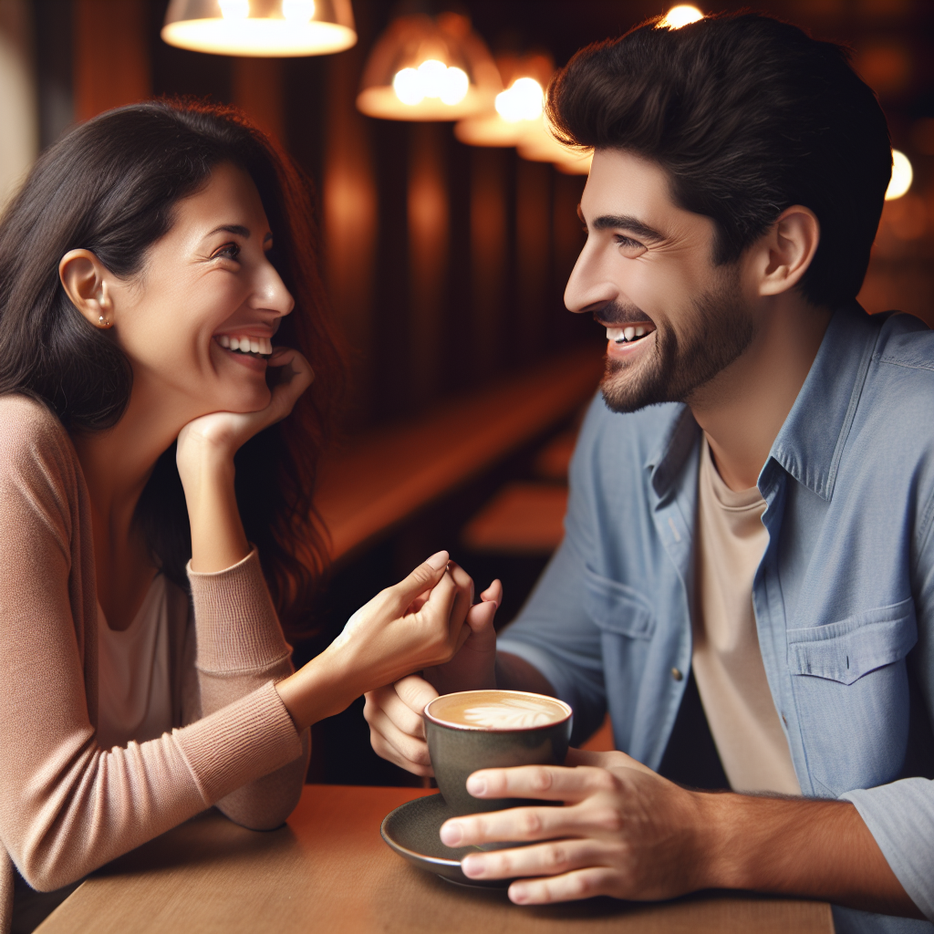 Un couple heureux engageant une conversation sincère autour d'un café, leur complicité et connexion visibles à travers leurs expressions et gestes, illustrant les trois piliers que sont la complicité, la confiance et la communication.