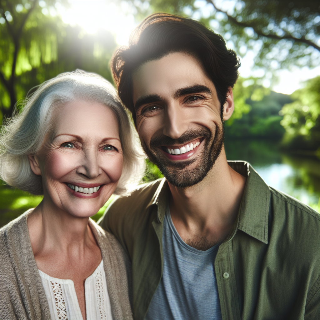 A diverse couple, one significantly older than the other, smiling together in a serene park setting, representing the theme of love without age barriers, with a focus on warmth and connection.